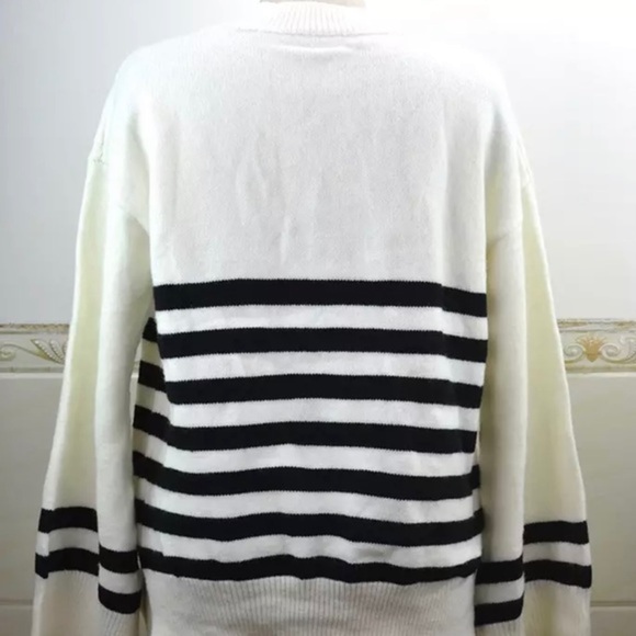 MOCK‎ NECK PULLOVER SWEATER OVERSIZED STRIPED BELL LONG SLEEVES - Picture 4 of 8